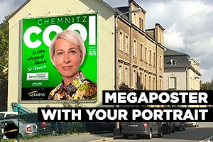 Mega poster with your portrait and a GERMENS® shirt or blouse