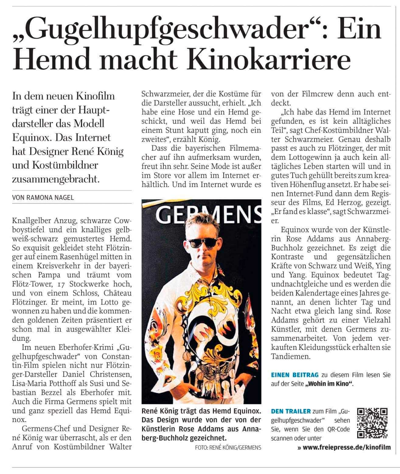 Freie Presse Chemnitz berichtet am 03.08.2022 vom Kinfofilm Guglhupfgeschwader und welche Rolle das GERMENS Hemd EQUINOX spielt