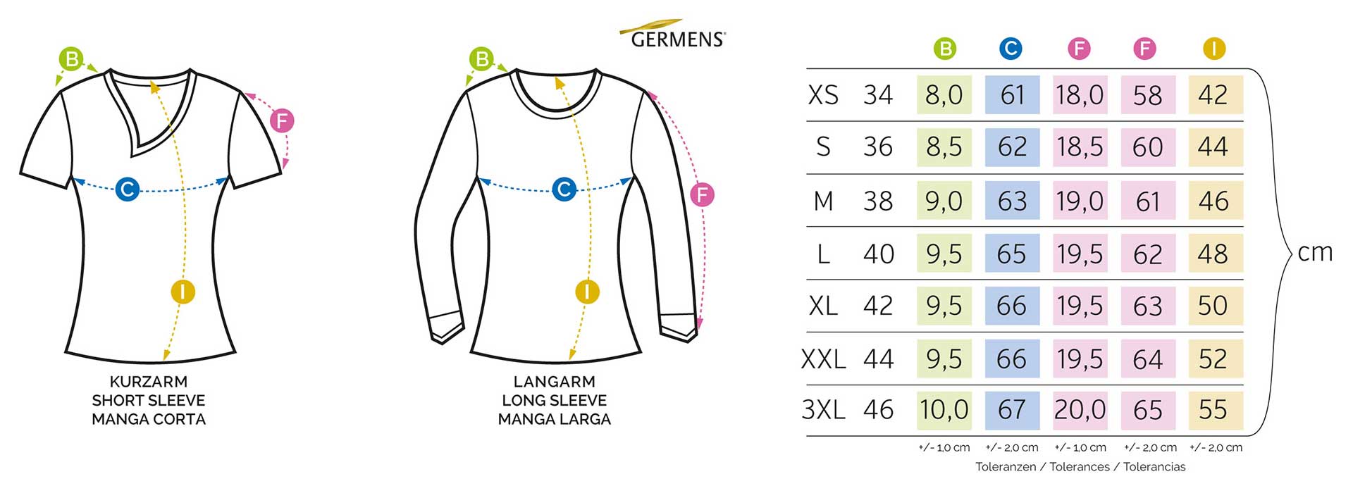 Größentabelle GERMENS Damen T-Shirts