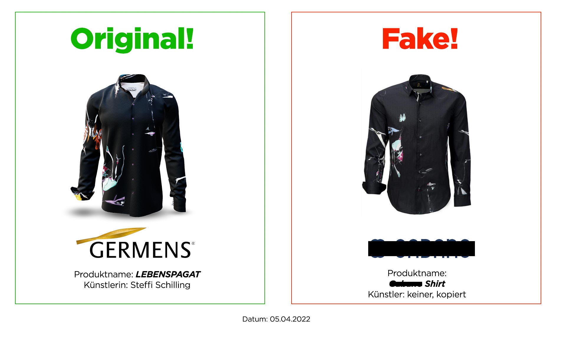 Original GERMENS® shirt LEBENSSPAGAT and plagiarism