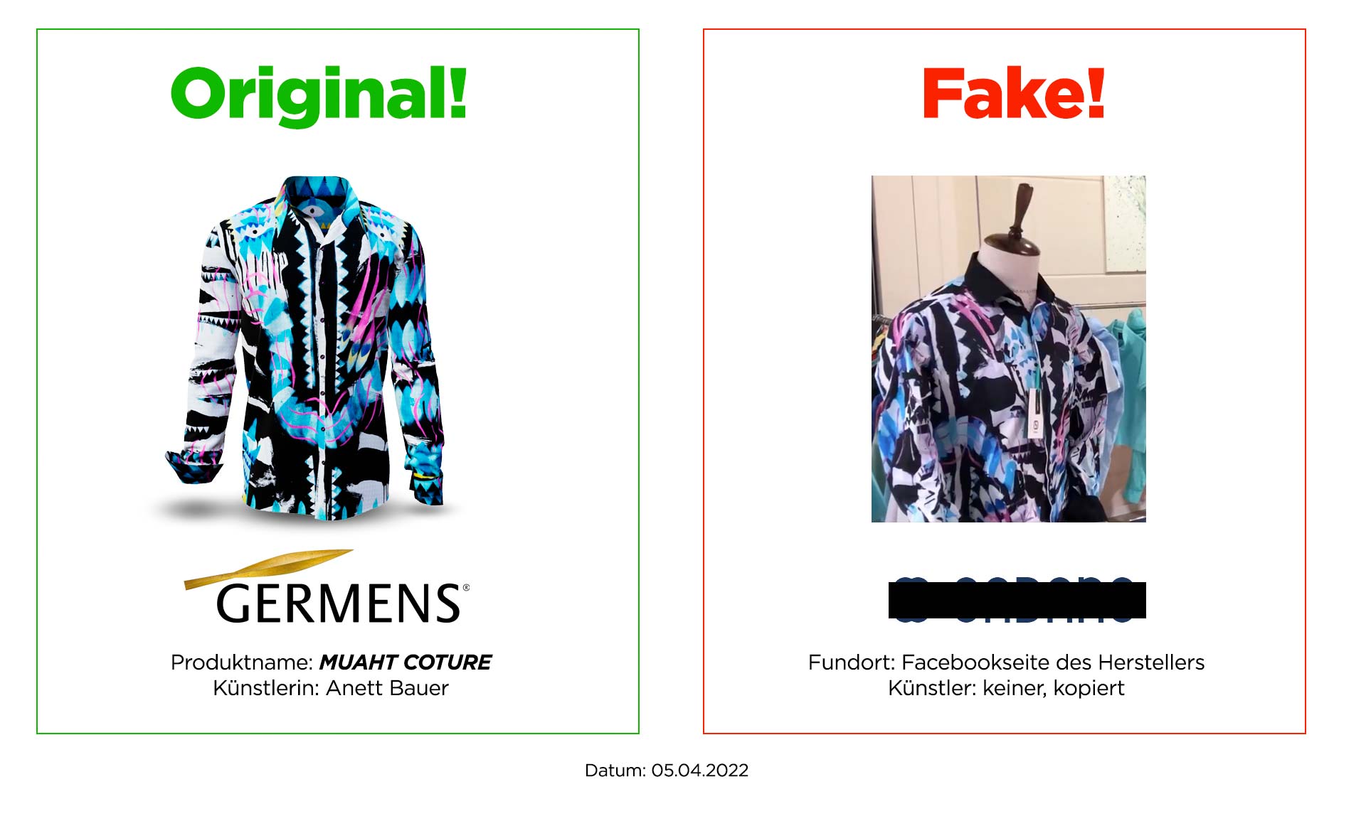 Original GERMENS shirt MUAHT COUTURE and plagiarism