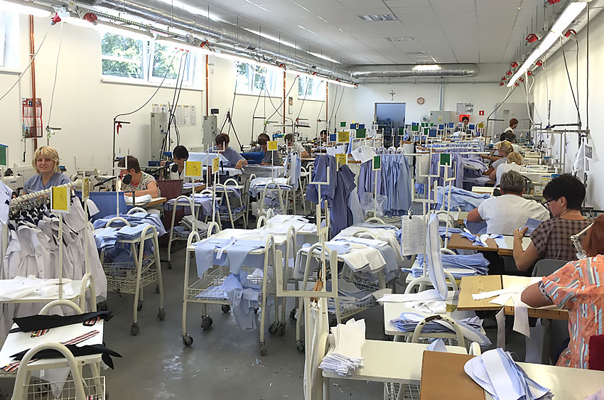 View of the sewing room - Here, certain segments of a shirt are joined together at various stations.