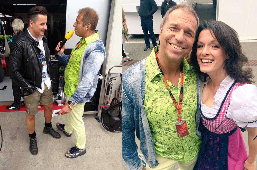 RTL-Moderator Kai Ebel trägt das GERMENS Hemd GRAVUR LEMON während der Formel 1 in Spielberg, Österreich, 2015. Hemdkünstler: René König, Foto: privat
