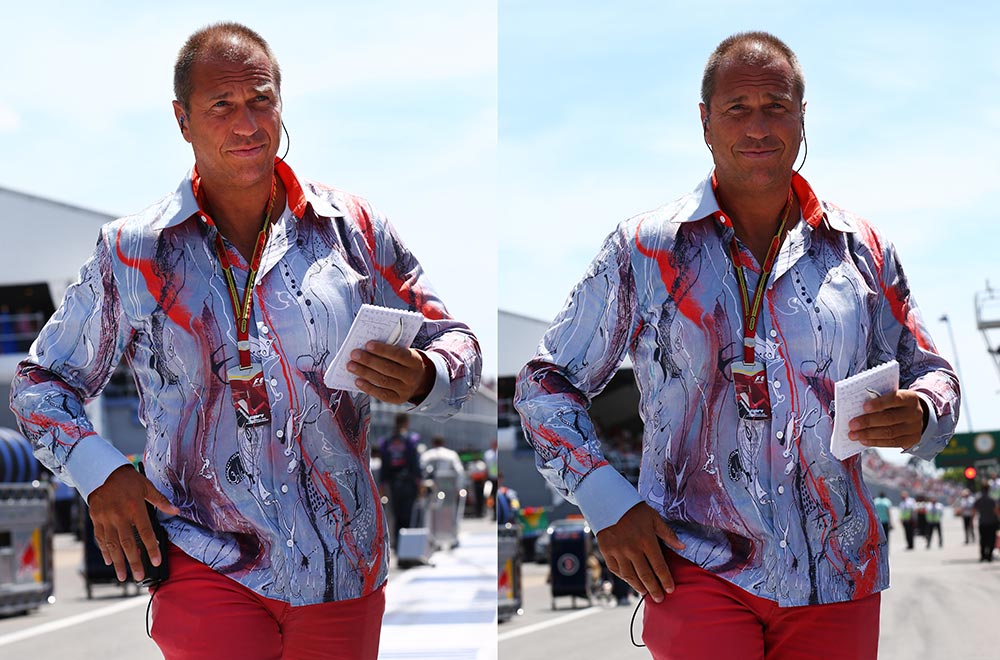 RTL-Moderator Kai Ebel trägt das GERMENS Hemd RUDER während der Formel 1 in Montreal, Kanada, 2014. Hemdkünstler: Gregor-T. Kozik, Foto: Alexander Trienitz