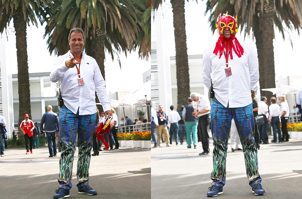 RTL-Moderator Kai Ebel trägt die GERMENS Hose COOBERPEDY während der Formel 1 in Mexico, 2015. Foto: Alexander Trienitz