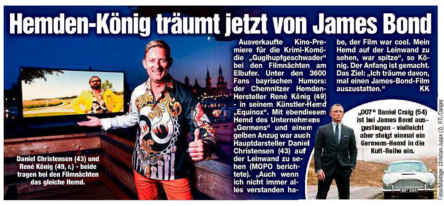 Morgenpost Dresden berichtet am 05.08.2022 vom Besuch von René König zur Kinofilmpremiere Guglhupfgeschwader bei den Filmnächten am Elbufer