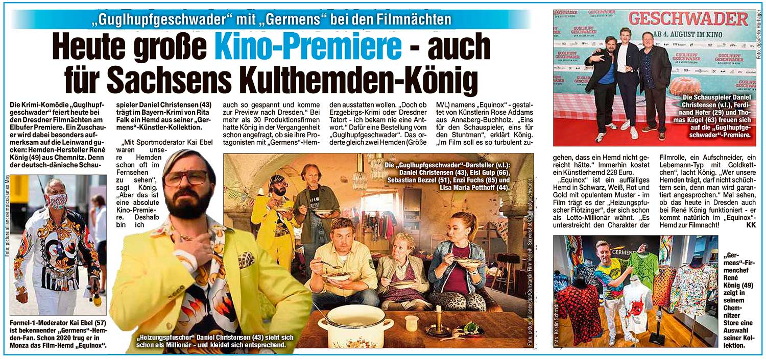 Morgenpost Dresden berichtet am 03.08.2022 von der Kinofilmpremiere Guglhupfgeschwader und vom Flötzinger, der das Hemd Equinox im Film trägt