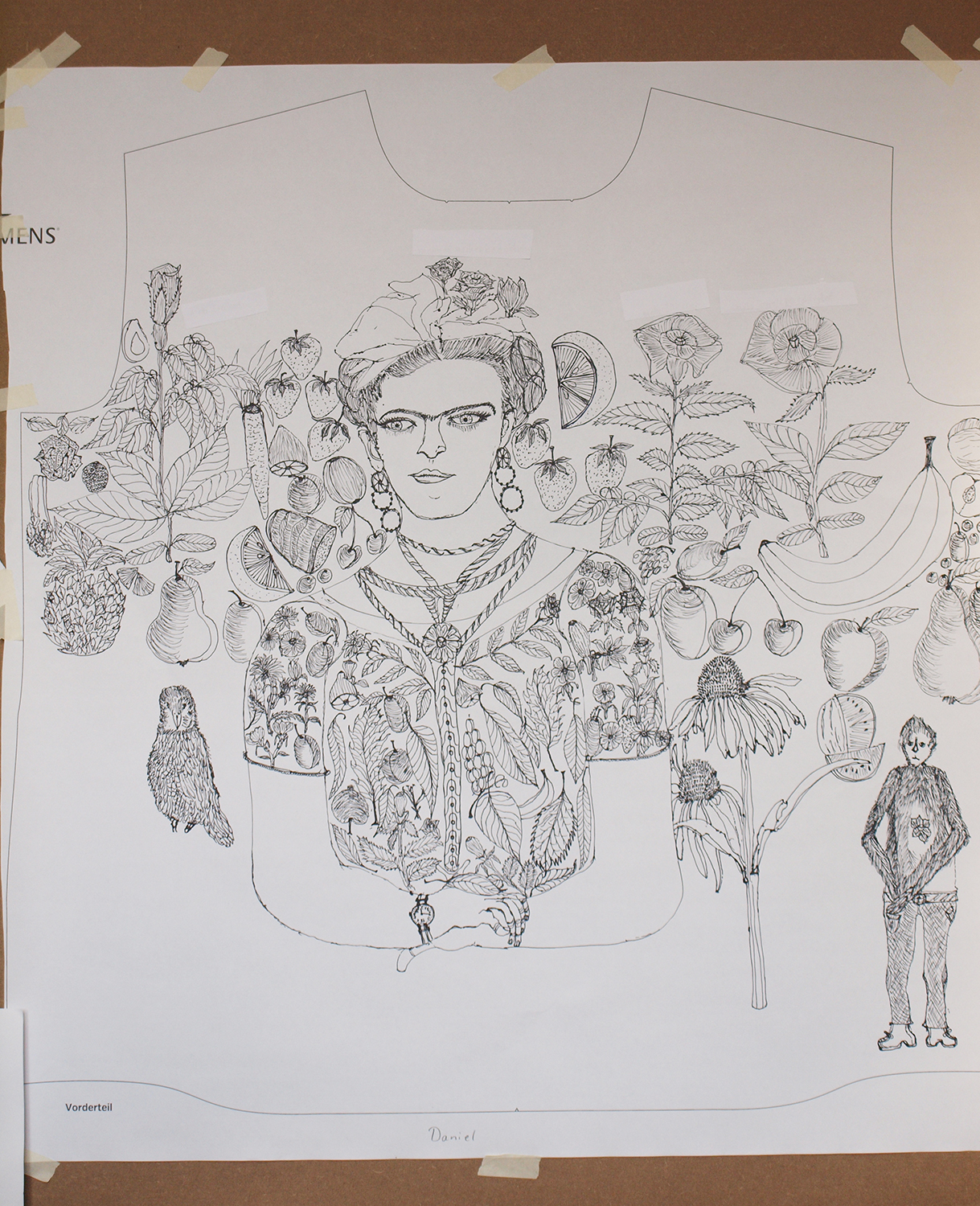 Daniel Schoa - Atelier blau, Worms - Teil der gezeichneten Vorlage für das Hemd "Tribute to Frida Kahlo"