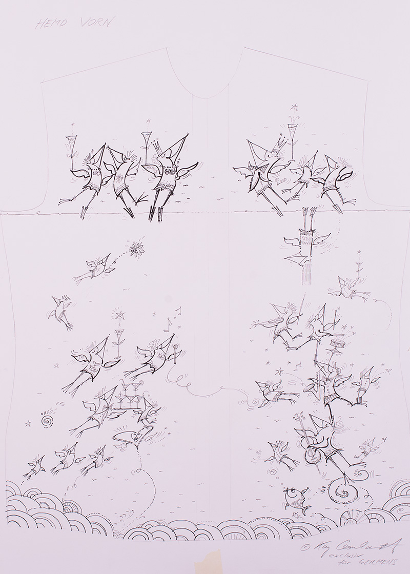 Dibujo de la parte delantera, obra de Kay Leo Leonhardt: la camisa «SCHRÄGE VÖGEL» de GERMENS