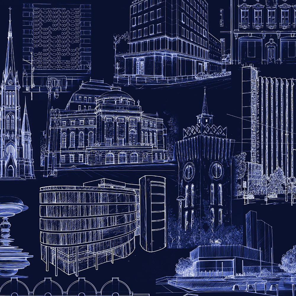 Detalle de la camisa azul oscuro para hombre «CHEMNITZ BUILDINGS BY NIGHT» de GERMENS