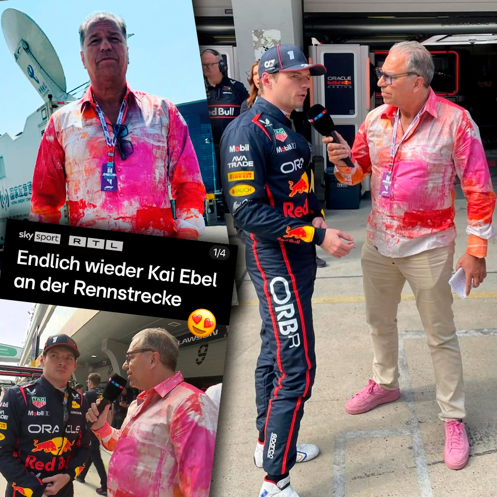 Kai Ebel luce la camisa VERVE SAPHIR de GERMENS durante la retransmisión de Fórmula 1 en RTL en Shanghái el 23 de marzo de 2025