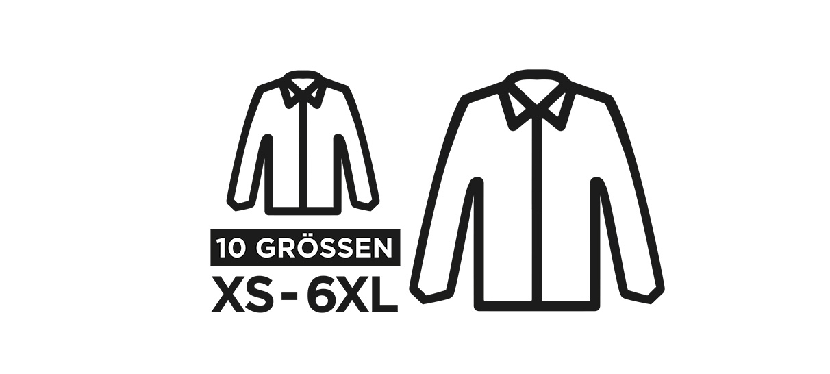 Las camisas GERMENS están disponibles en 10 tallas, desde la XS hasta la 6XL