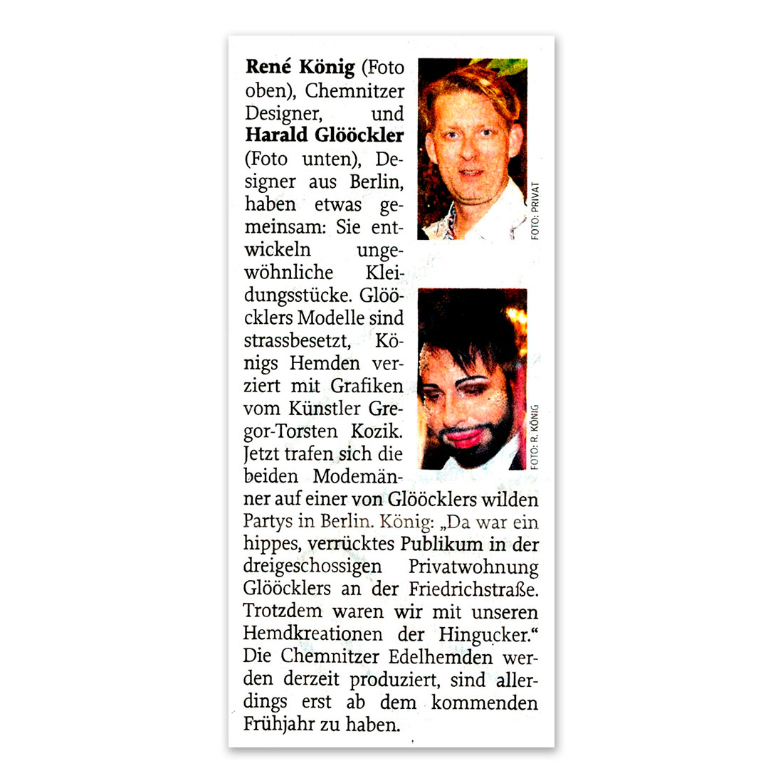 Freie Presse berichtet über René König, Gregor-T. Kozik und Harald Glööckler - 14. Dezember 2012