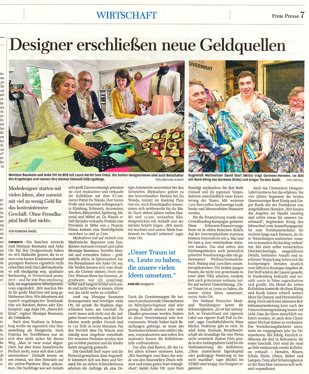 El periódico «Freie Presse» de Chemnitz informa sobre diversas marcas de moda - Pentecostés de 2015