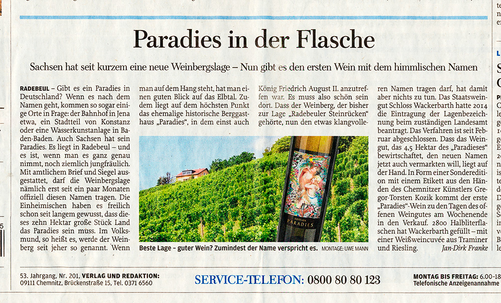 El periódico «Freie Presse» publica un artículo sobre la bodega Schloss Wackerbarth, que cuenta con una etiqueta de botella diseñada por GERMENS - 29 de agosto de 2015