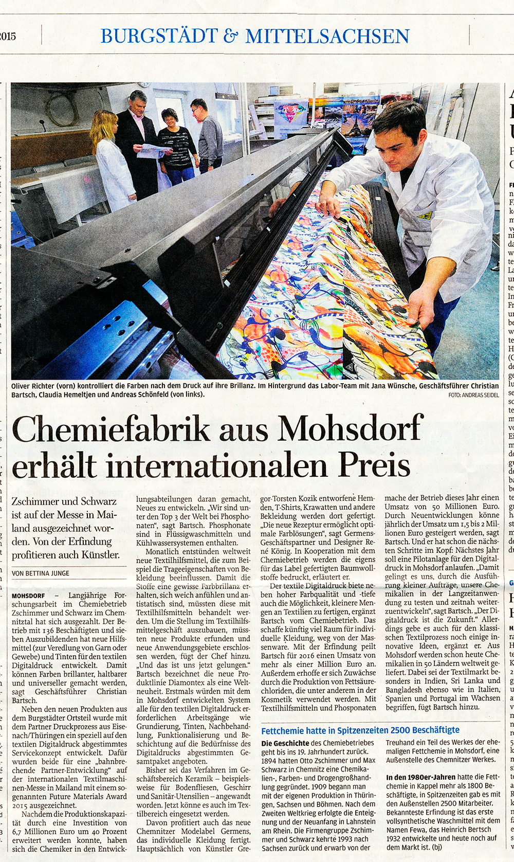 El periódico «Freie Presse» informa sobre la fábrica química Zschimmer & Schwarz y GERMENS - 15 de diciembre de 2015