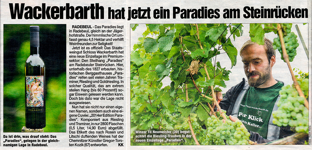 El Morgenpost de Chemnitz publica un artículo sobre el castillo de Wackerbarth y un vino cuya etiqueta lleva un diseño de GERMENS - 29 de agosto de 2015