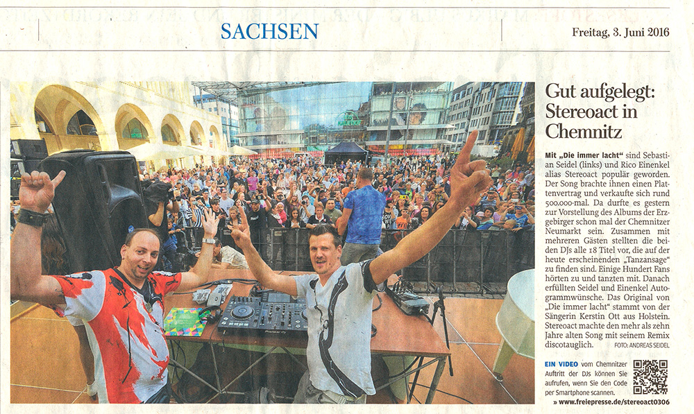 Freie Presse berichtet über das Konzert von STEREOACT das von GERMENS organisiert wurde - 3. Juni 2016