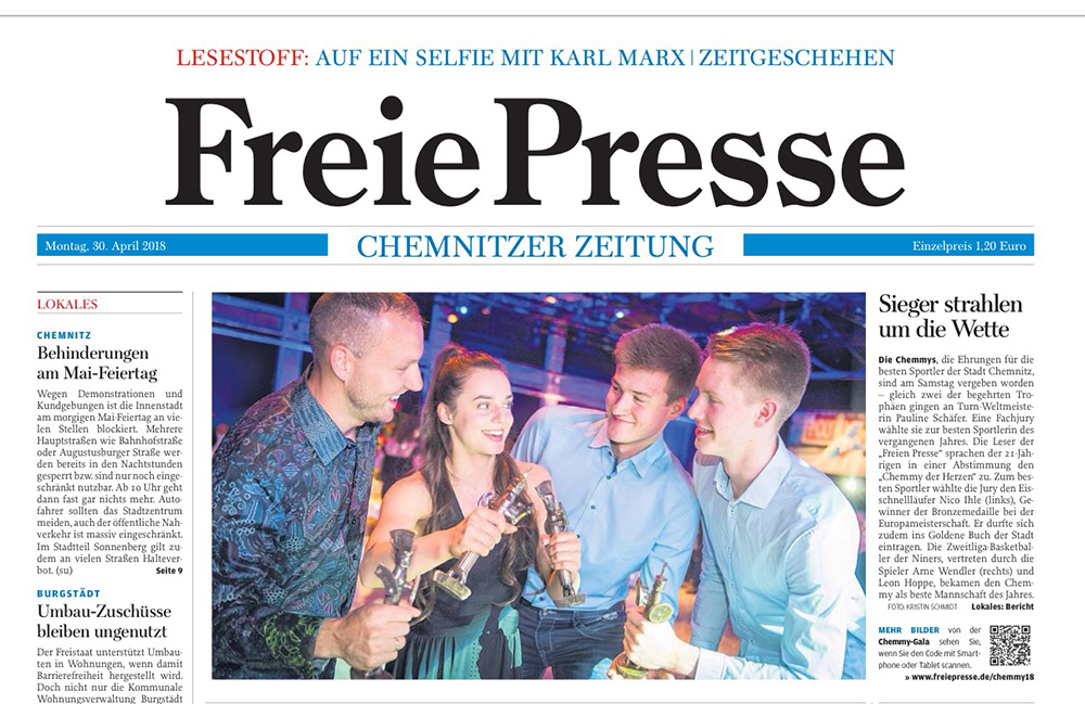 Frei Presse berichtet über den Chemmy und zeigt den Sportler Nico Ihle im GERMENS Hemd - 30. April 2018
