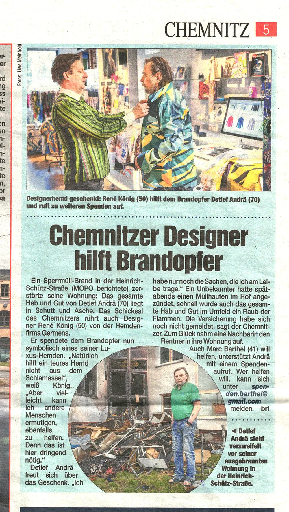 Morgenpost Chemnitz, 2. März 2024 - Chemnitzer Designer hilft Brandopfer