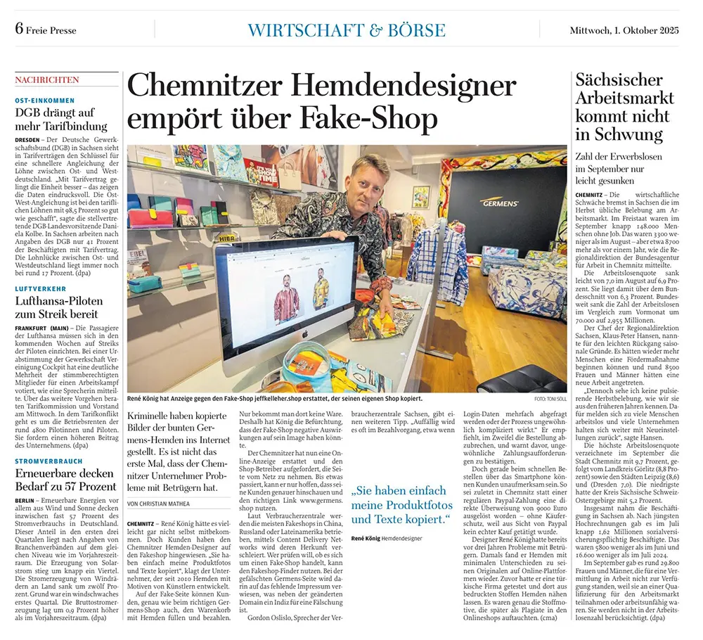 Freie Presse am 1. Oktober 2025 berichtet über den Fakeshop