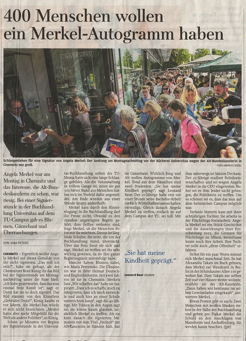 Freie Presse, 9. September 2025 - 400 Menschen wollen ein Merkel-Autogramm haben