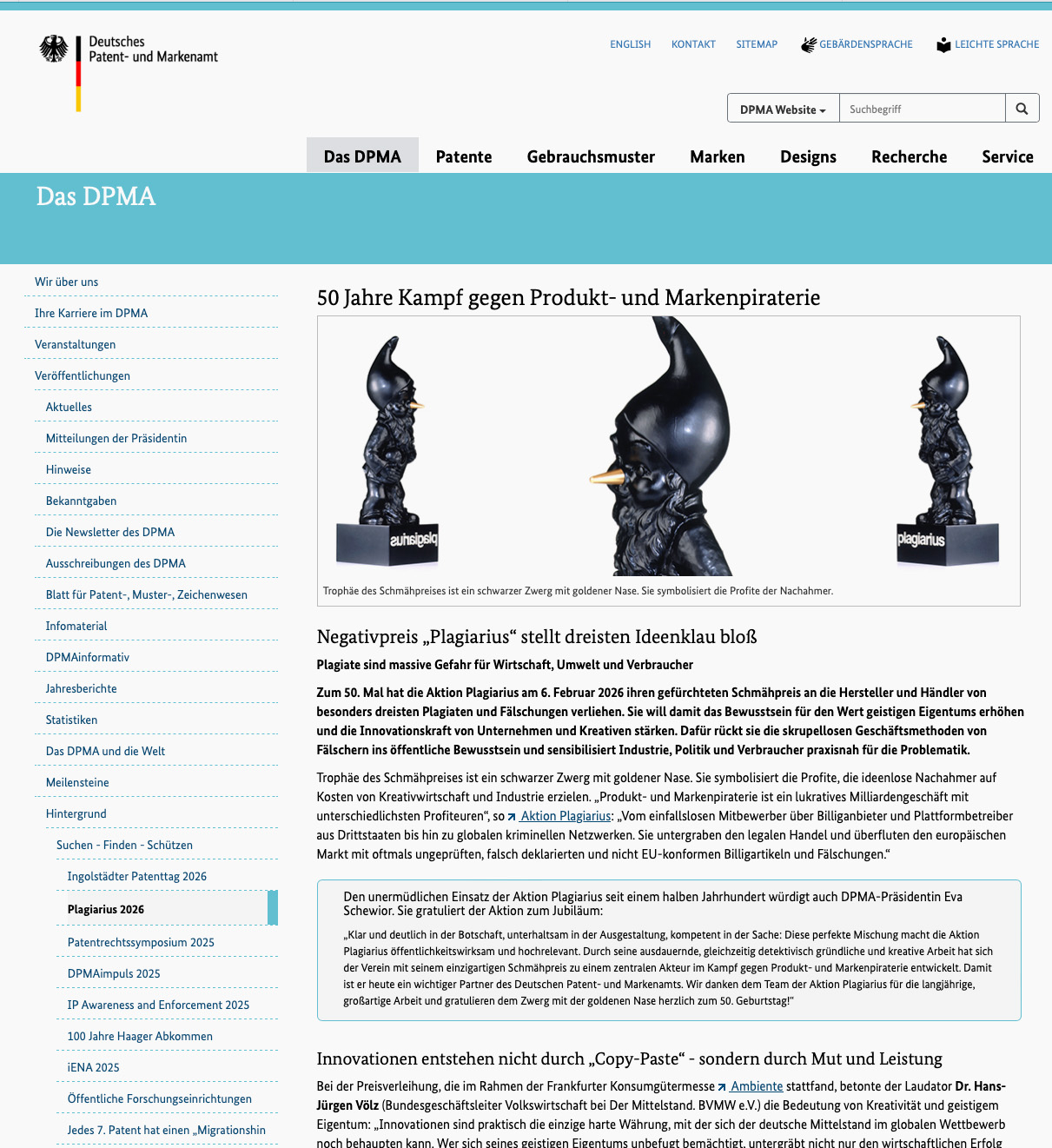 Das deutsche Patent- und Markenamt berichtet am 06.02.2026 über den Fake Shop von GERMENS artfashion und den Negativpreis Plagiarius