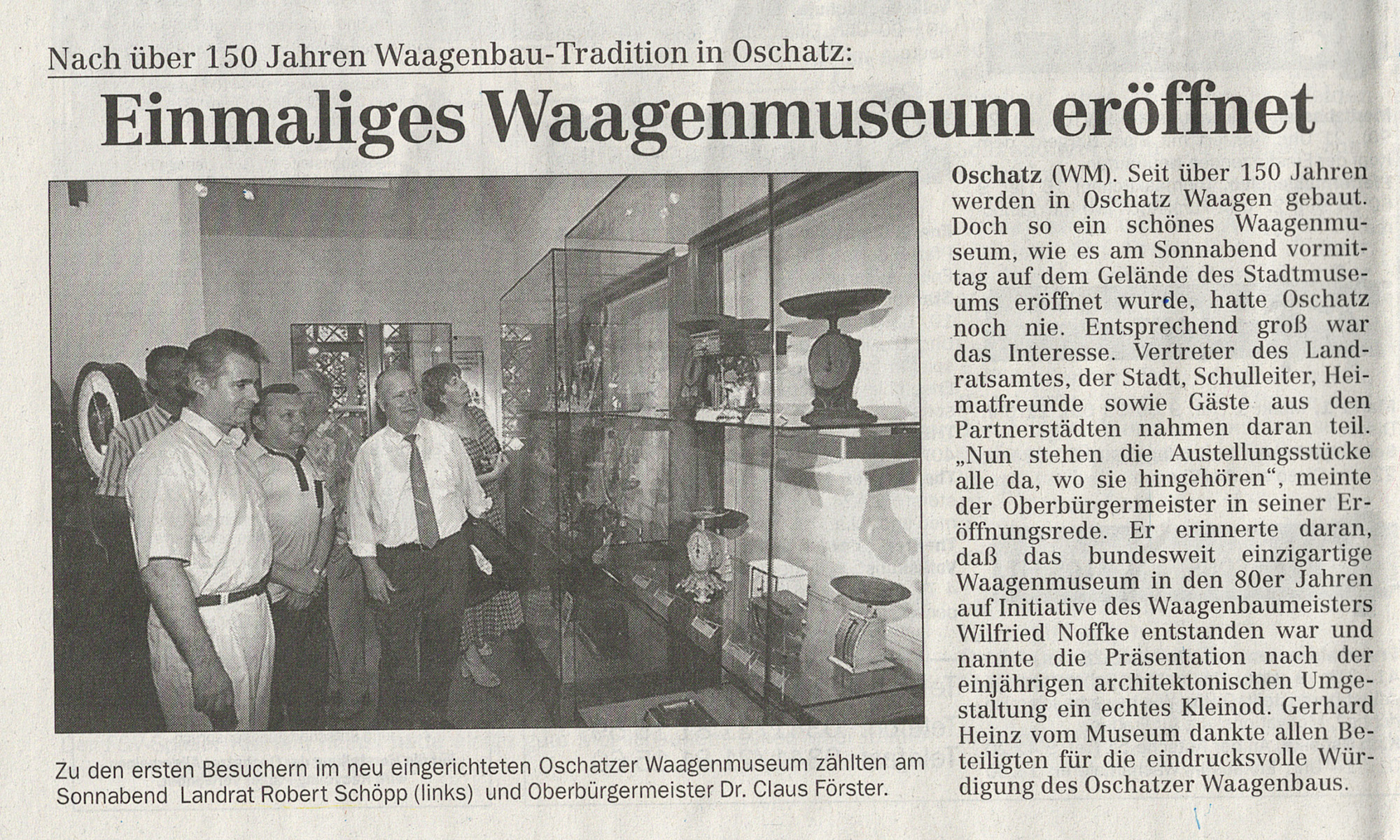 Presseartikel zur Eröffnung der Dauerausstellung zur Waagengeschichte der Stadt Oschatz in Sachsen