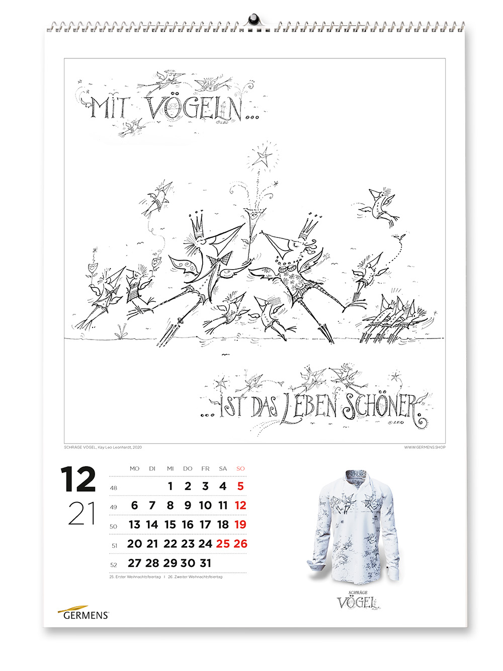 Calendario artístico de GERMENS - Diciembre de 2021 - Camiseta de manga larga «PÁJAROS EXCÉNTRICOS DURANTE EL DÍA»