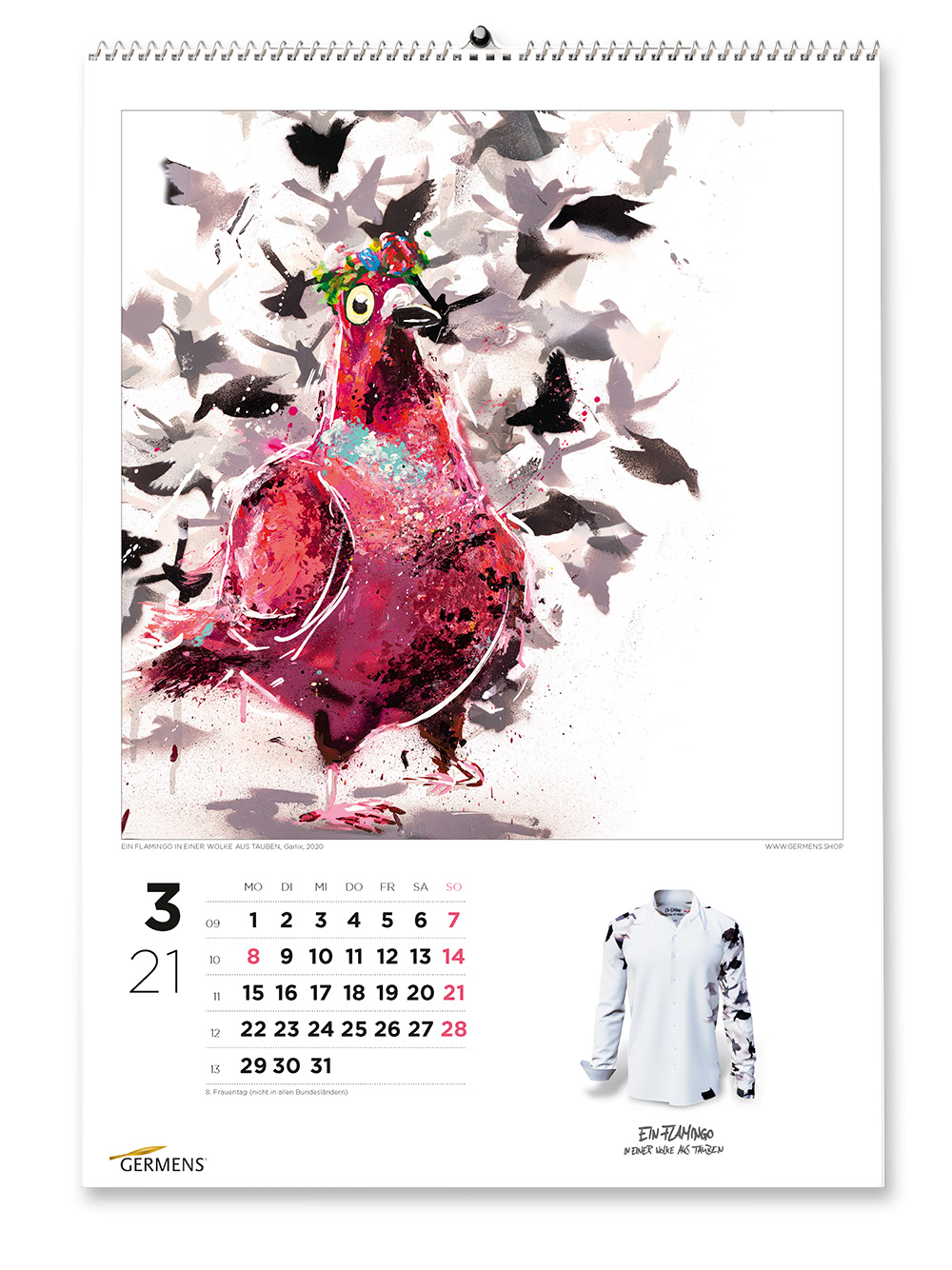 Calendario artístico de GERMENS - Marzo de 2021 - Camiseta de manga larga «Un flamenco en una nube de palomas»