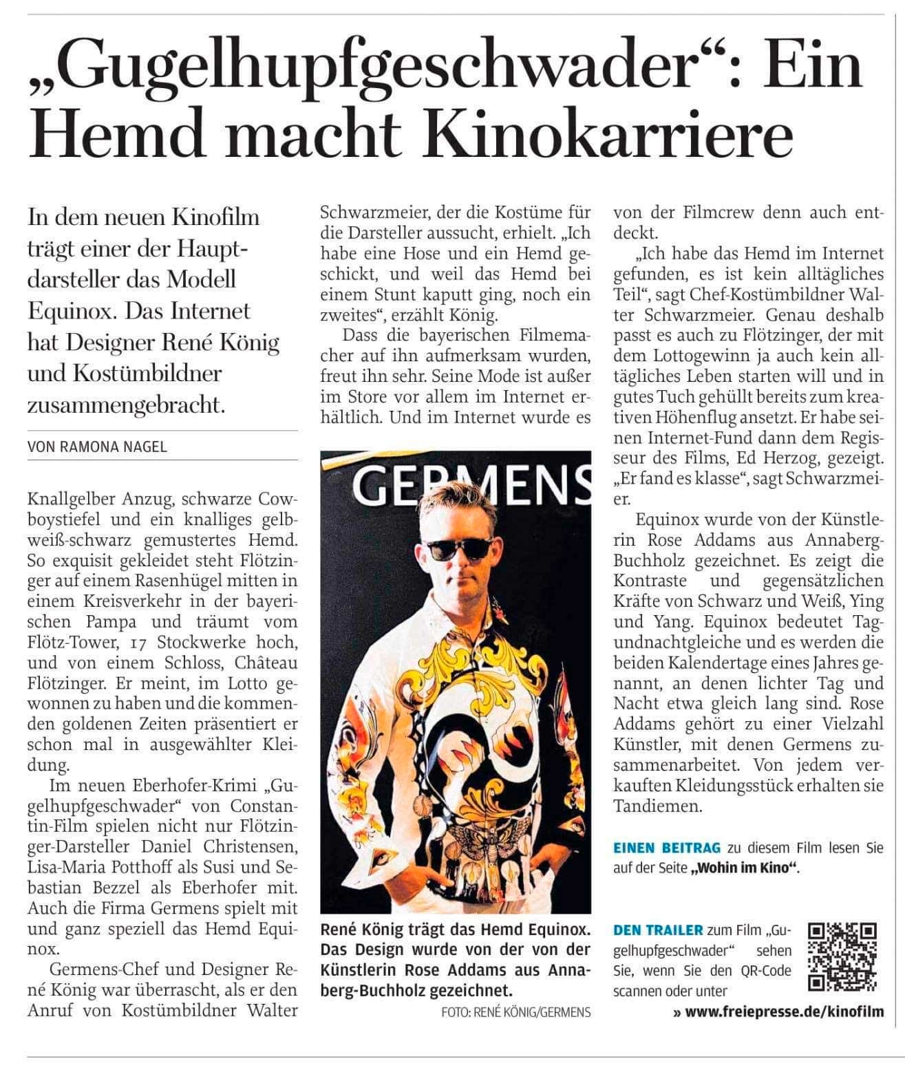 Freie Presse reports on the GERMENS shirt EQUINOX in the film Guglhupfgeschwader