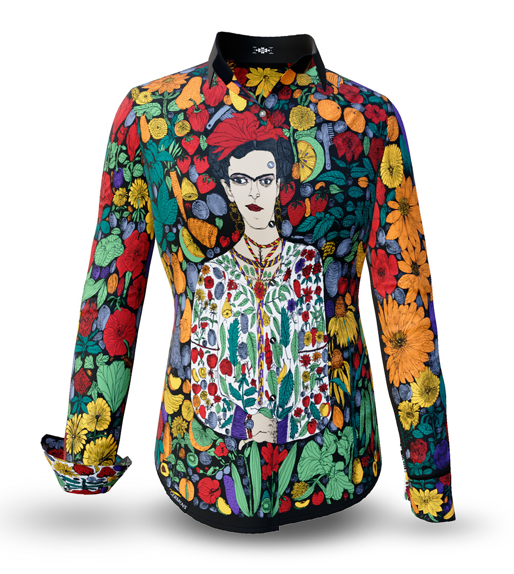 Blusa de mujer «FLORES DE MÉXICO» de GERMENS artfashion, diseñada por Daniel Schoa del Atelier Blau