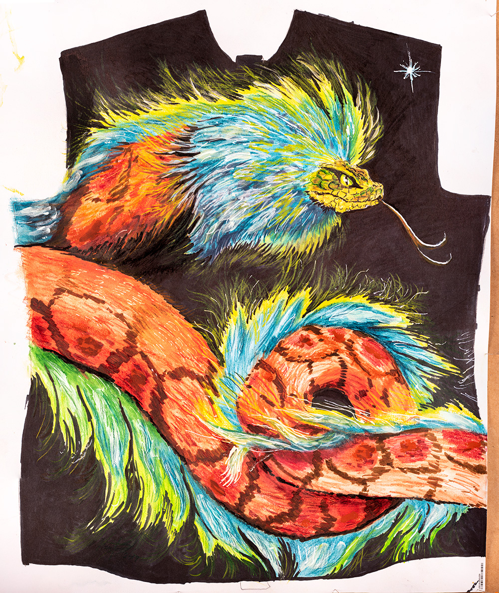 Diseño gráfico de la camiseta QUETZAL de GERMENS, obra del caricaturista Steffen Kraushaar
