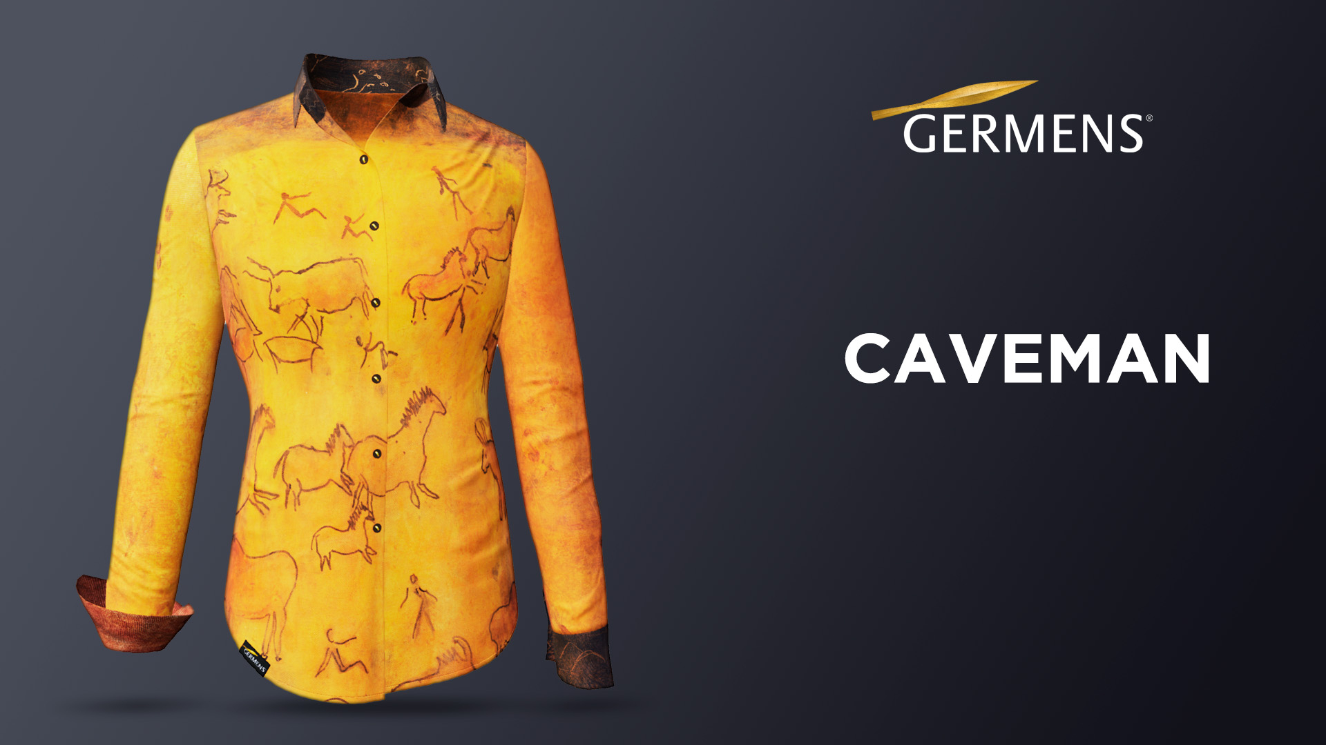 Blusa naranja extravagante de CAVEMAN con motivos de pinturas rupestres