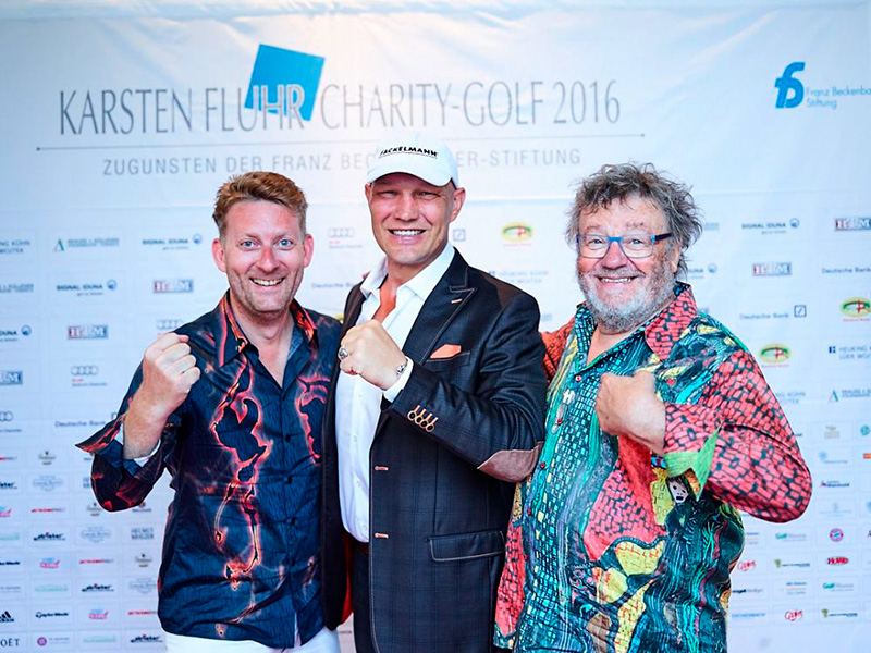 René Koenig (LAVA shirt), Axel Schulz and Gregor-T. Kozik (shirt JIMIMBI SOUL) at the Karsten Fluhr Charity Golf Event 2016