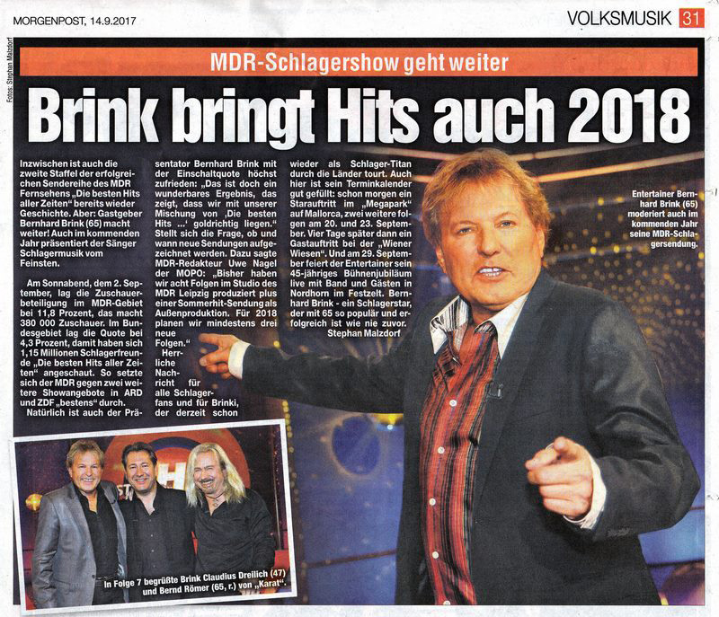 El Morgenpost publica una noticia sobre el cantante de música popular Bernhard Brink, que luce la camisa roja ALPHA CENTAURI RED de GERMENS.