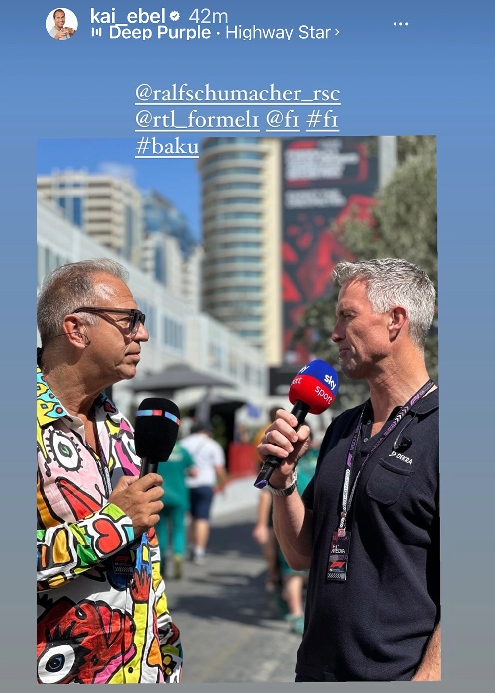 Kai Ebel im GERMENS Hemd LIEBE und Ralf Schumacher bei der Formel 1 in Baku 2024