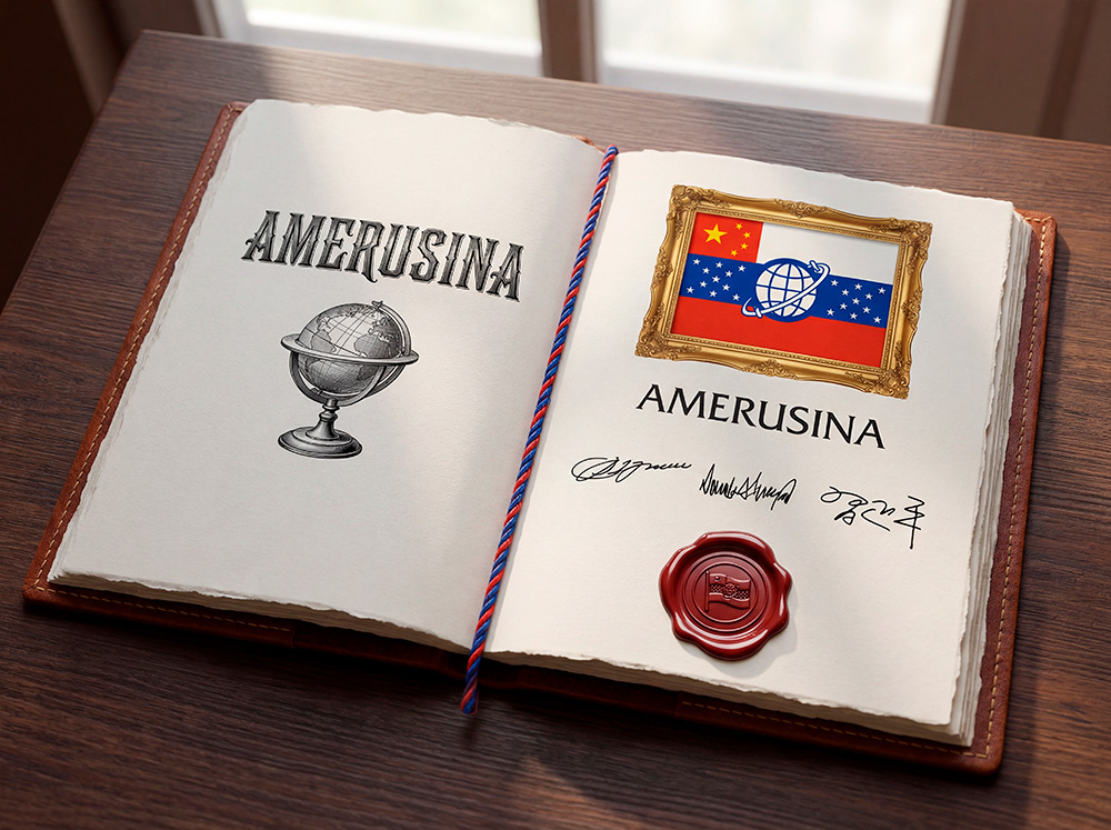 Foto filtrada del documento oficial de la nueva bandera del Triunvirato de AMERUSINA: sellada y firmada por los tres hombres más poderosos del mundo.