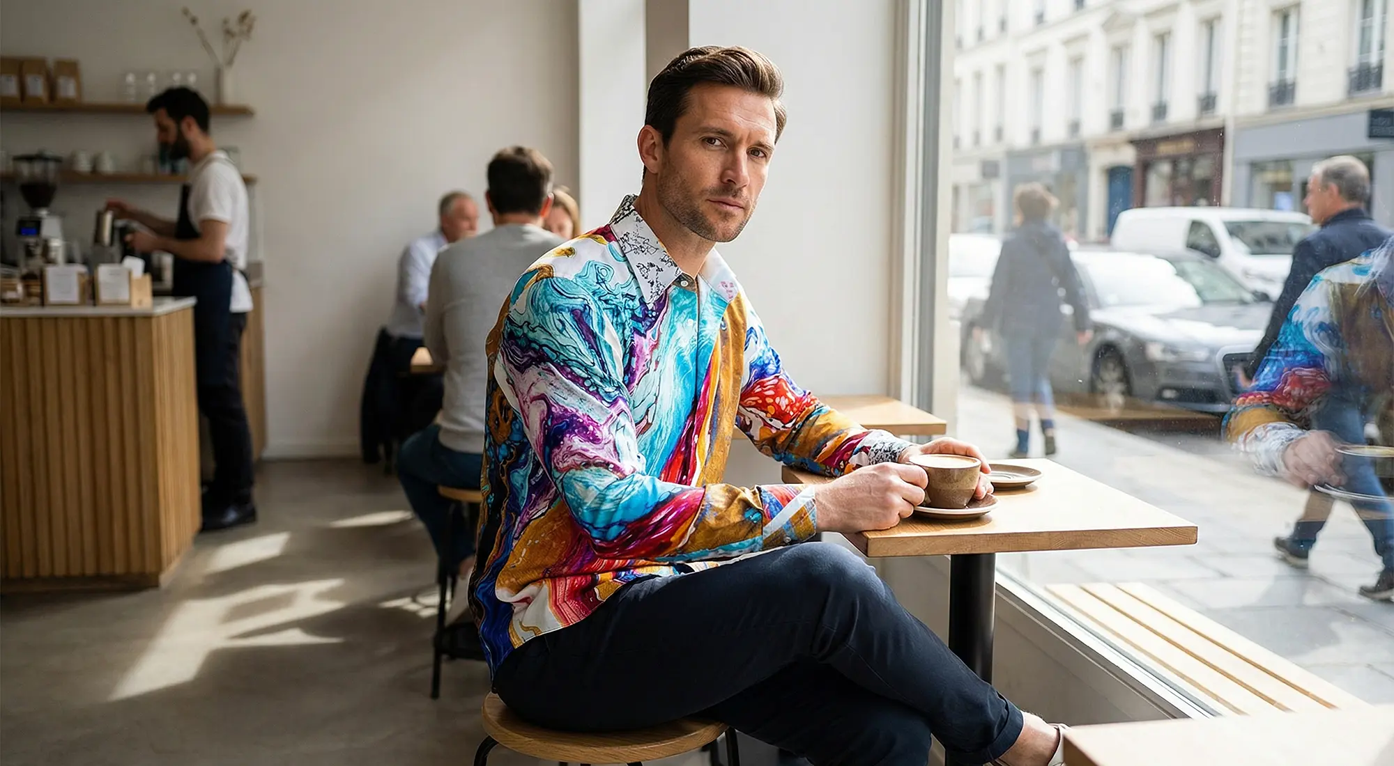 A young man sits in a café wearing the cheerful HAU OLI shirt from GERMENS.