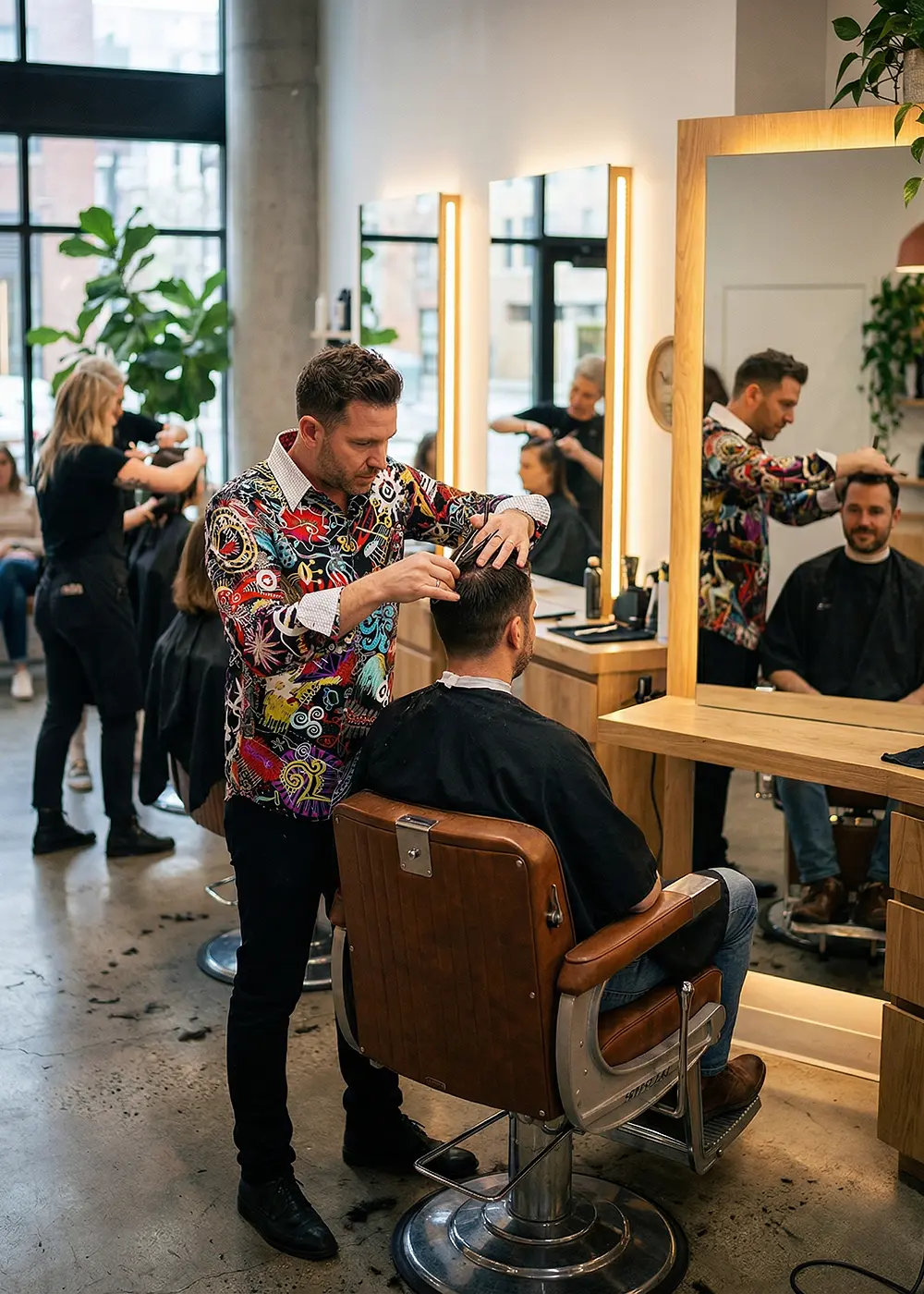 Ein Friseur bedient einen Kunden in einem Friseurstudio. Der Friseur trägt das GERMENS Hemd MAMBO.