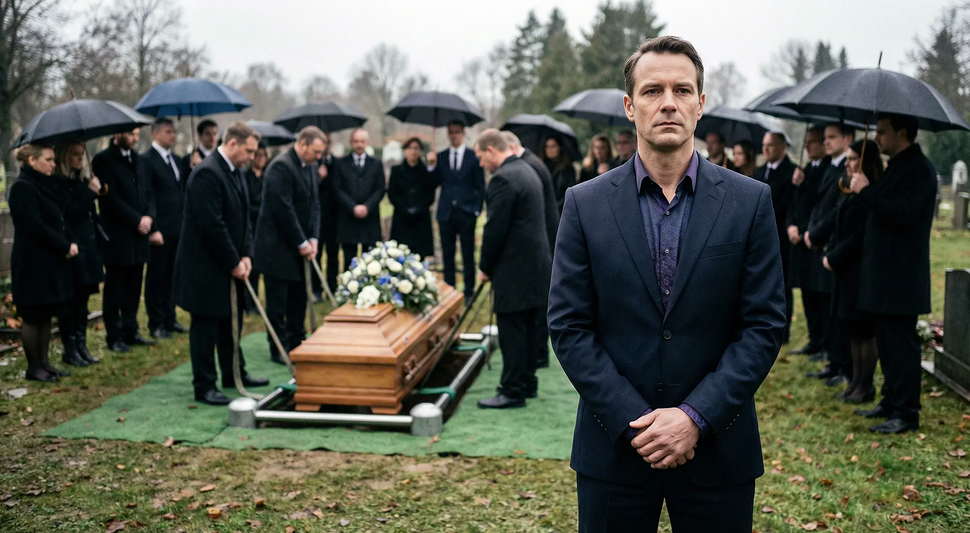 Funeral ceremony - A man wears the dark GERMENS CUBO CASINO shirt with a tie and suit.