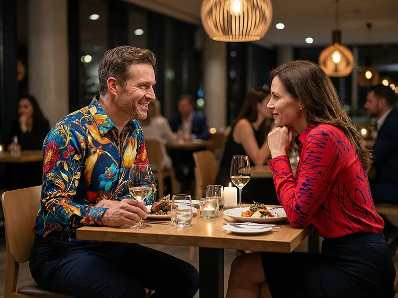 Dinner-Date im GERMENS Hemd: Dinner im Restaurant – stilvoller Abendlook mit dem GERMENS Hemd ROYAL BOTANY, entspannt und gepflegt. Die Dame trägt die rote Bluse DENADA RED.