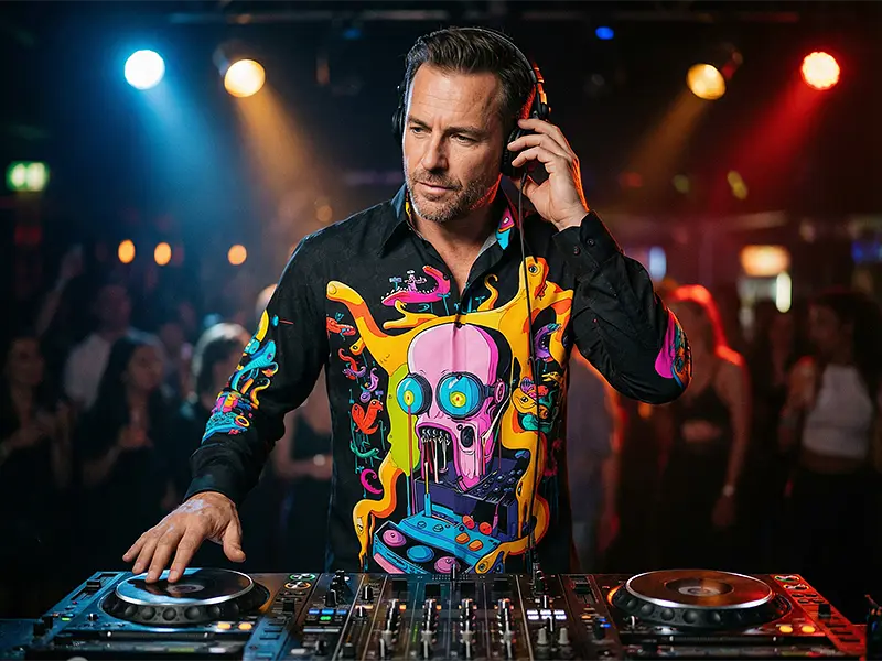 Clubnacht – Ein DJ trägt das GERMENS Hemd DJ PSYCOTAX, markanter Stil im Licht der Bühne.