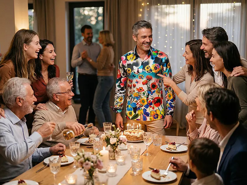 Familienfeier & Jubiläum: Festliche Familienrunde – eine Person trägt ein auffälliges GERMENS Hemd FLOWERPOWER, bequem über Stunden.