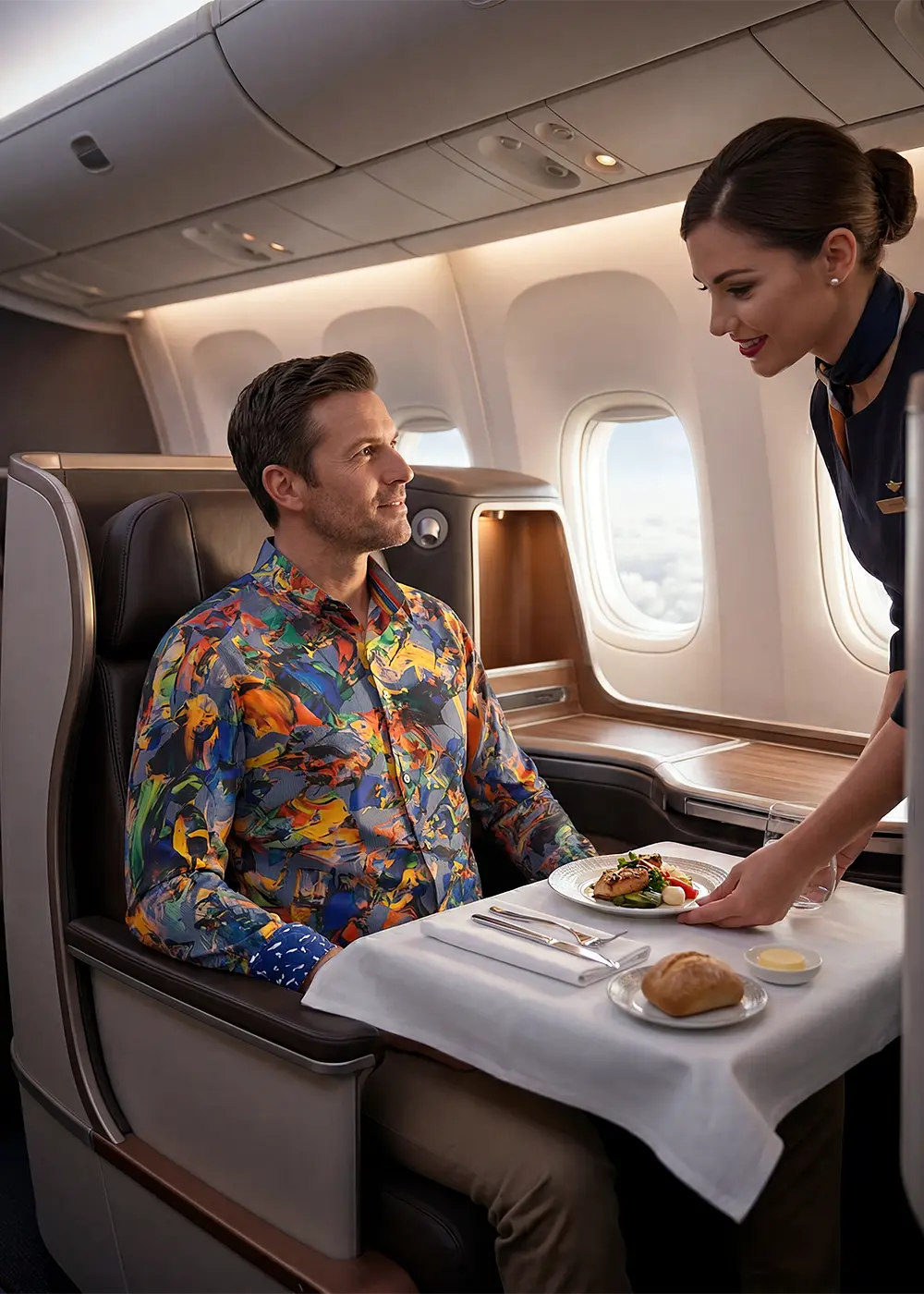 In der Business Class sitzt ein Mann und wird von einer Stewardess bedient. Er trägt das bunte GERMENS Hemd QUICK & SLOW.