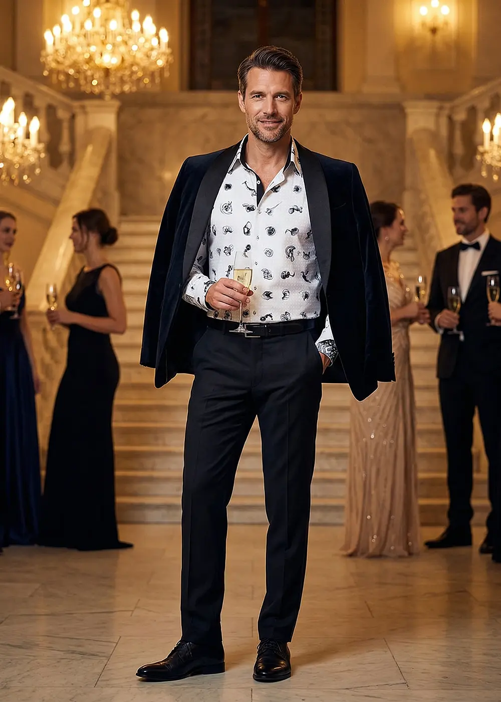 Para la velada de gala, un hombre lleva un traje negro con una camisa de GERMENS FLUGZAUBER.