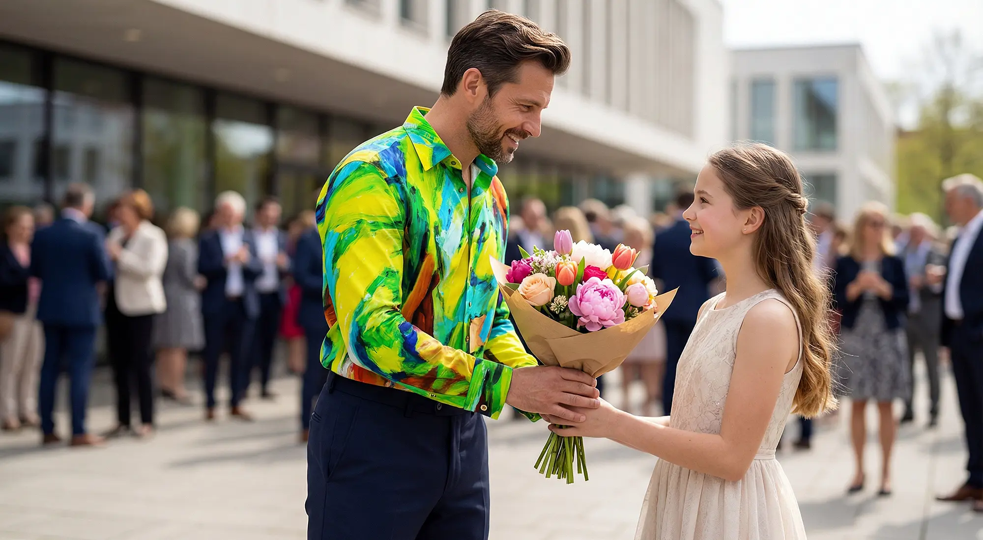 Ein Mann gratuliert dem jungen Mädchen zur Jugendweihe udn überreicht ihr einen Blumenstrauß. Der Mann trägt das GERMENS Hemd Landscape with River
