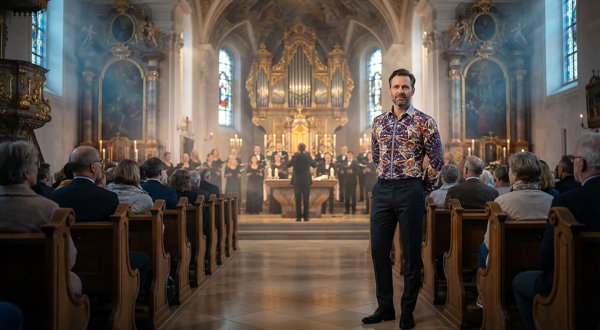 Ein Mann steht während eines Kirchenkonzertes in einer Kirche und trägt das GERMENS Hemd PASA