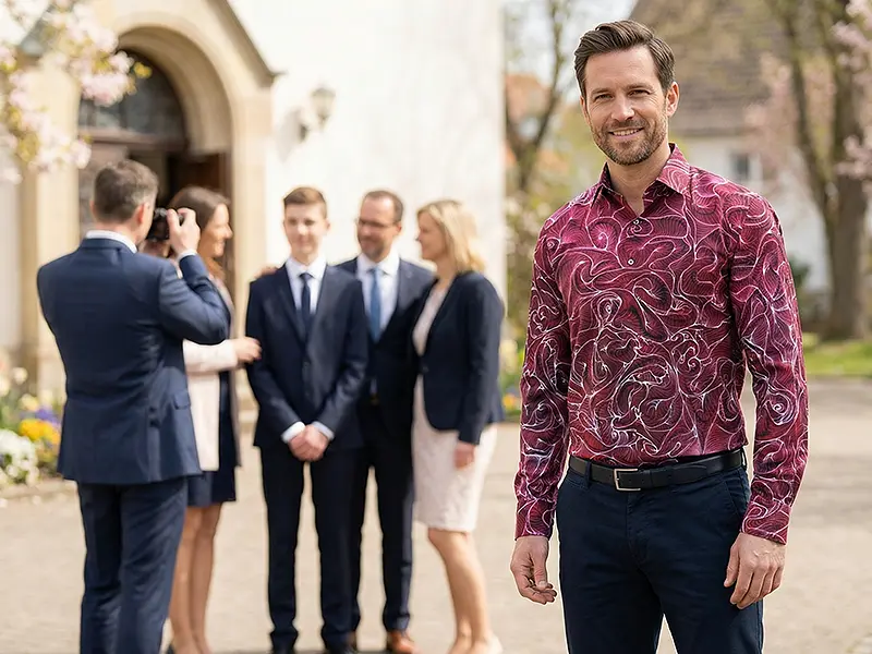 Konfirmation Outfit: Konfirmation als Gast – respektvoll gekleidet mit dem GERMENS Hemd CONCHIFERA MARSALA, ruhig und passend.