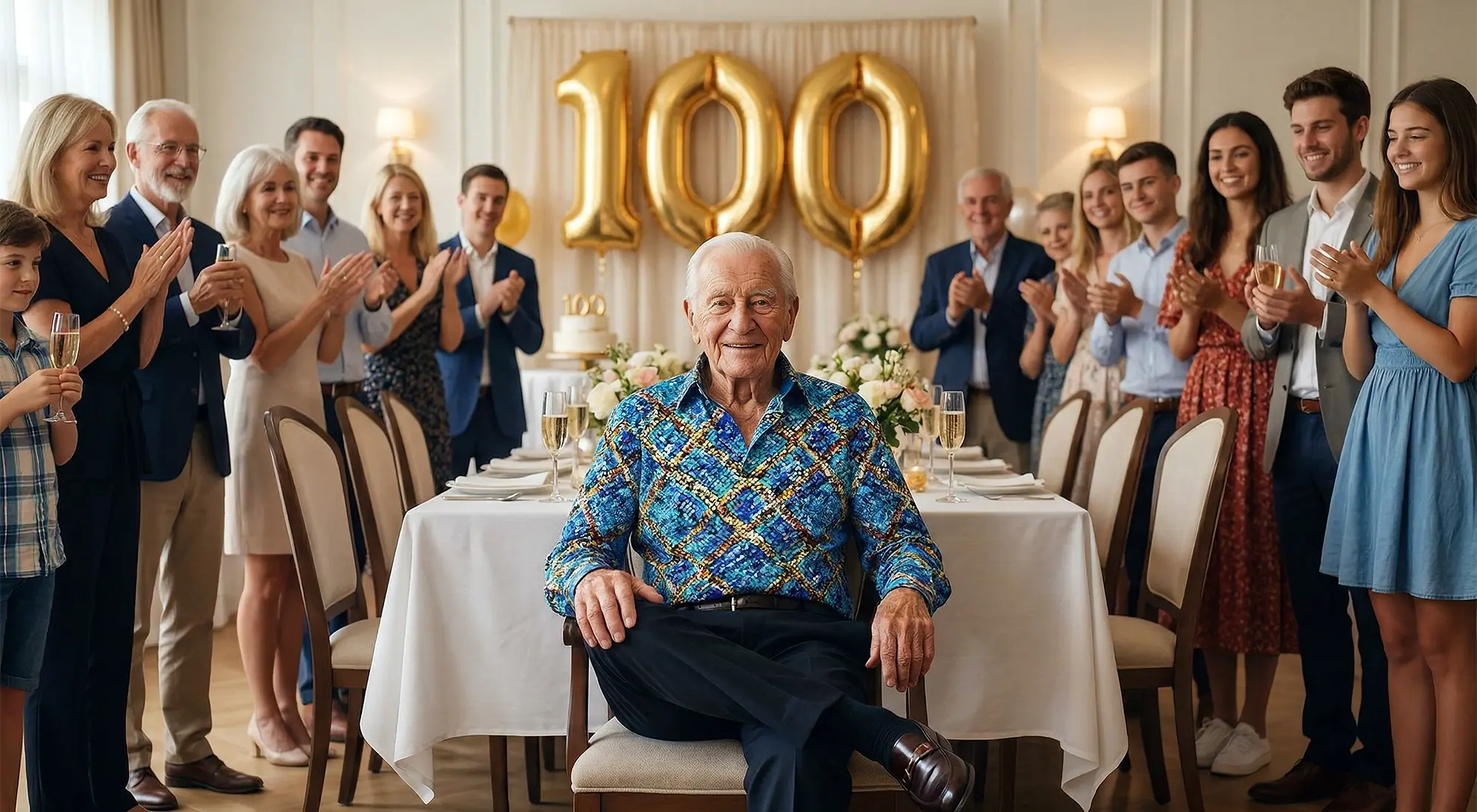 A man turns 100 and celebrates with his family. He is wearing the blue MIROUGE WINTER shirt from GERMENS.